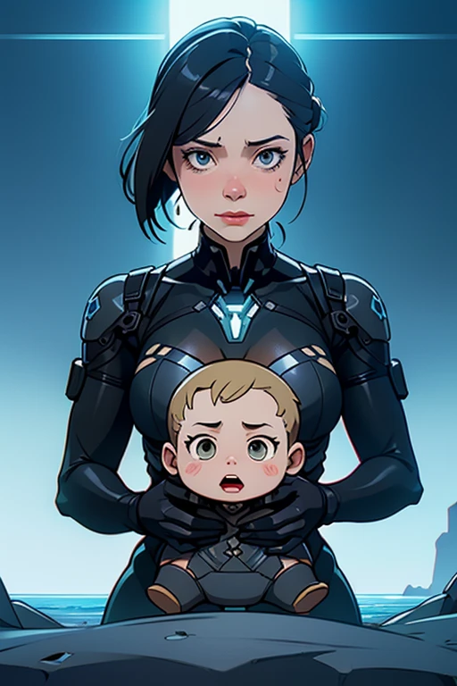 (whole body),(Person Divination Screen 的 1/2),John Romita Sr. (John Romita Sr) artistic inspiration,Looking at the audience,A young superheroine with long black hair holds a baby in her arms in a gorgeous universe,Floating in the Milky Way,Grand and detailed background,Young superheroine with long dark hair hugging a baby,Center in the middle of the screen,blue eyes covered by iconic mask,Mid-chest,thin waist,Wearing a custom-made tight uniform,Uniform colors black and yellow,exuding powerful energy, In front of us is the galaxy universe,whole body,detailed art,Art Director John Romita Sr,masterpiece,Best quality,Extremely complex details,Bright colors,8K.