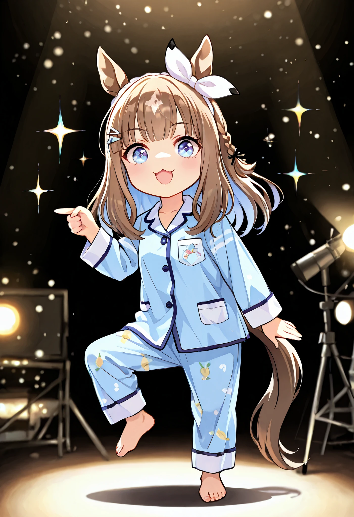 chibi, (masterpiece, best quality, perfect face:1.4), wide angle, almond eye \(umamusume\), white hair ornament, horse ears, horse tail, tail on the lower back, proportional body, proportional,1 girl, beautiful hair, beautiful face, beautiful detailed eyes, beautiful clavicle, beautiful body, beautiful chest, beautiful thigh, beautiful legs, beautiful fingers, looking at viewer, BREAK, chibi, pointing, standing on one leg, :3, open mouth, meme, parody, simple background, white background, full body, (pajamas), studio lighting, ultra-fine painting, vivid colors, sharp focus, extreme detail, professional with delicate underwear, HDR, UHD, bokeh effects, extured skin, realistic skin, HDR, BREAK, good hands

