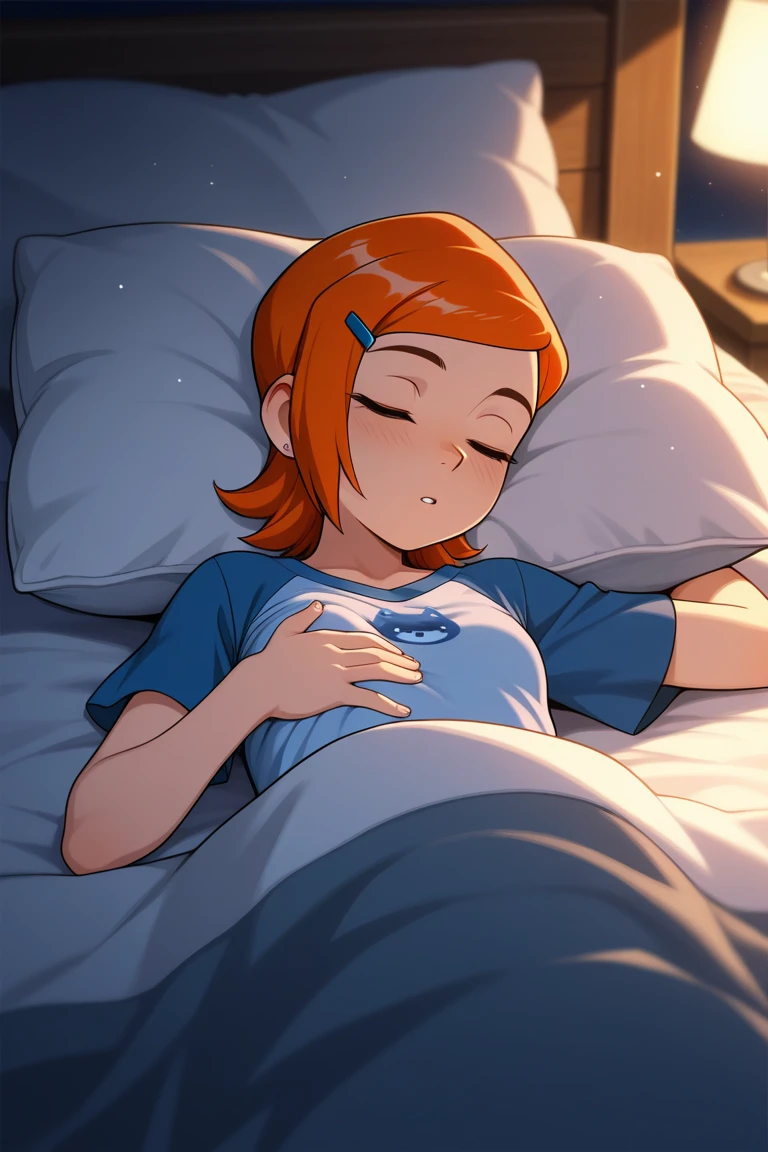 RanmaChan, short red hair, big breasts bouncing, whole body, lying on a bed, lying down, blush, toomuch cum, ropa de seda, pijama seda, Sleeping shirt,