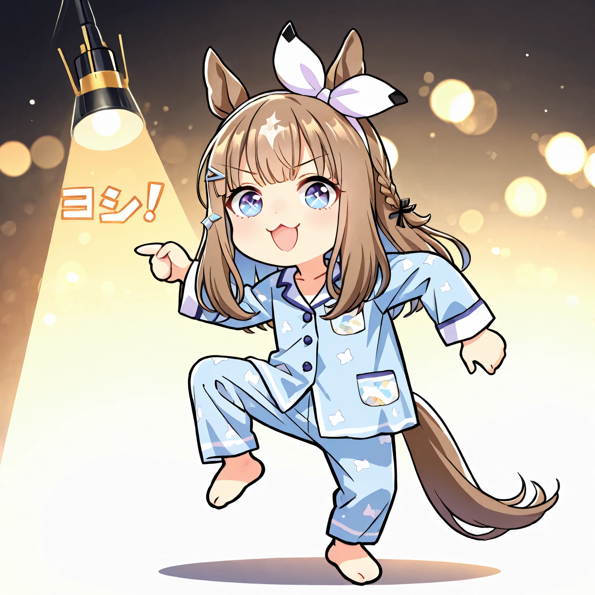 chibi, (masterpiece, best quality, perfect face:1.4), wide angle, almond eye \(umamusume\), white hair ornament, horse ears, horse tail, tail on the lower back, proportional body, proportional,1 girl, beautiful hair, beautiful face, beautiful detailed eyes, beautiful clavicle, beautiful body, beautiful chest, beautiful thigh, beautiful legs, beautiful fingers, looking at viewer, BREAK, chibi, pointing, standing on one leg, :3, open mouth, meme, parody, simple background, white background, full body, (pajamas), studio lighting, ultra-fine painting, vivid colors, sharp focus, extreme detail, professional with delicate underwear, HDR, UHD, bokeh effects, extured skin, realistic skin, HDR, BREAK, good hands

