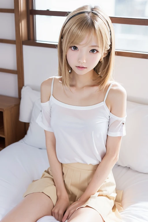 (best quality, 4K, 8k, highres, masterpiece:1.2), ultra-detailed, (realistic, photorealistic, photo-realistic:1.37), hyper detailed, extremely detailed, intricate details, sharp focus, physically-based rendering, professional, vivid colors, studio lighting、Japanese High School Girl、coy smile、Natural Makeup、(blond)、middlehair、Inward curl、White shirt、hot pants,Open shirt、Emphasize cleavage、side boob、under boob、flat breasts、thick lips