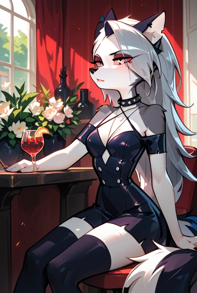 Shenhe, genshin impact, 1girl, alcohol, alternate costume, armlet, bare shoulders, black background, black dress, black gloves, black thighhighs, breasts, cleavage, criss-cross halter, cup, dress, drinking glass, flower, gloves, gradient background, hair between eyes, hair ornament, halterneck, holding, holding cup, large breasts, long hair, braid hair, looking at viewer, silver hair, silver short nails, see-through gloves, solo, thighhighs, thighs, wine, wine glass, ((masterpiece)) pleated silver skirt, sitting,