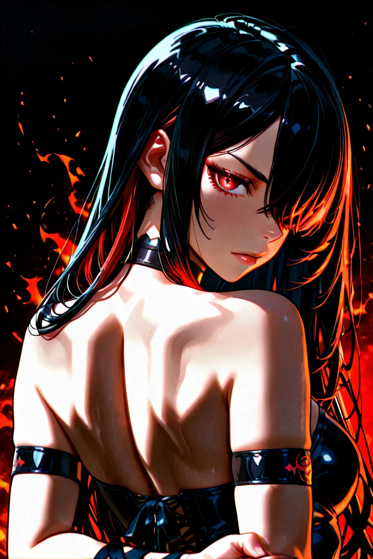 Silhouette of an anime character evil smile red background full of details