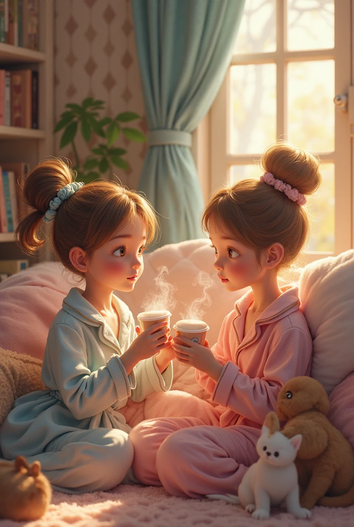 Spa for 10 year old girls with pedicure in white bathrobes drinking tea
