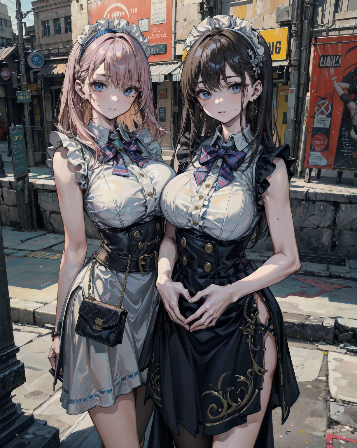 Punk-rococo-tattoo-ukiyo-e style. A selfie of very beautiful young women with Nordic looks. Llevan un estilo urbano, con collares, cadenas, Anillos gruesos, Peinados coloridos y ropa militar modificada con parches coloridos. They are in a park right next to a paved area. Realismo extremo, detalles locos, intricate composition, cinematic quality, perfect photography, Colores sublimes.