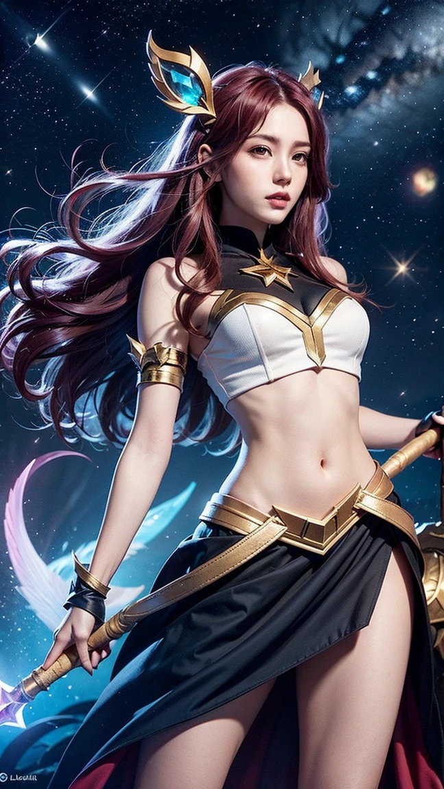 (best quality, masterpiece, colorful, dynamic angle, highest detailed), upper body shot, fashion photography of (best quality, masterpiece, colorful, dynamic angle, highest detailed), upper body shot, fashion photography of ( <lora:AhriStarGuardian:0.7>, IncrsAhriSG, fox tail, multiple tails, skirt, zettai ryouiki) , (ultrahigh resolution textures), bokeh, light passing through hair, large breasts, (abstract background:1.3),(official art), (ultrahigh resolution textures), bokeh, light passing through hair, (abstract background:1.3),(official art)