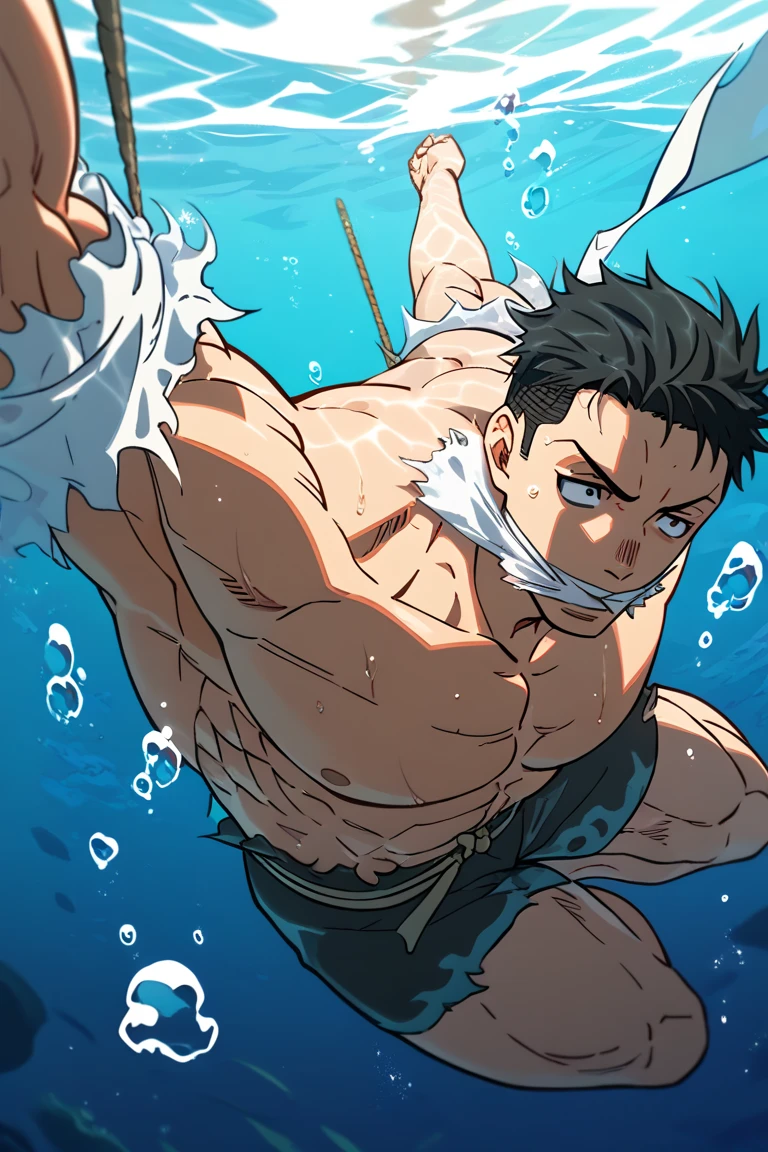 Anime guy trapped in a large tube filled with water, being experimented, abs and boxers. 