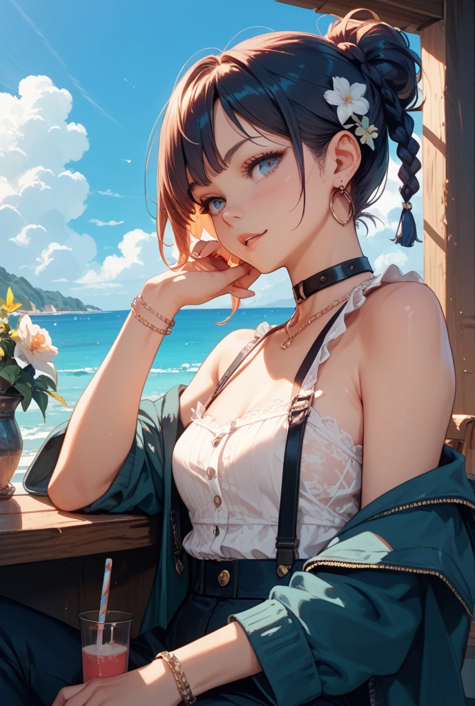 ((((absurdres, RAW photo, extremely delicate and beautiful, masterpiece, Best Quality, ultra high resolution, 32k, hyperrealistic, ultra-detailed)))), in her 20s, very Slim body, narrow waist, very small head, very small face, delicate facial features, beautiful face, beautiful eyes, ((very huge round tits)), medium hair, black hair, wavy hair, tearful mole, earring, ((full body shot)), casual, blouse, white shirt, buttoned shirt, bare shoulders, collarbone, midriff, navel, shorts, straw hat,