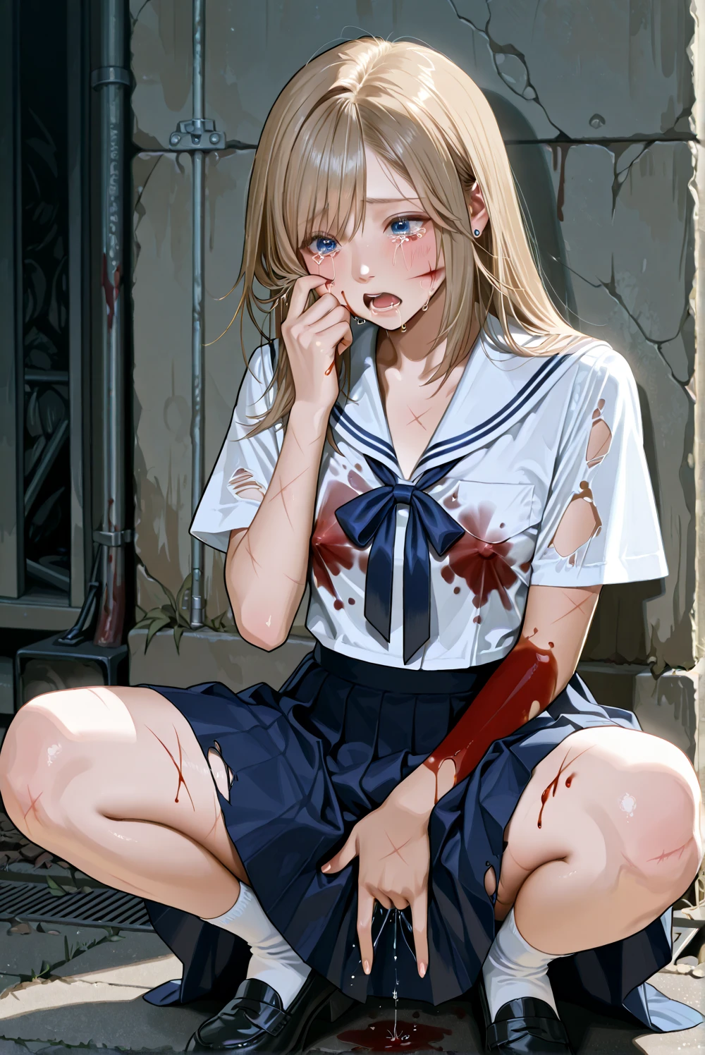 One, blonde girl, one eyed, brown eye, scared face, horror, despair, wound, blood on the face, looking up, masterpiece, Best quality, dark background, night
