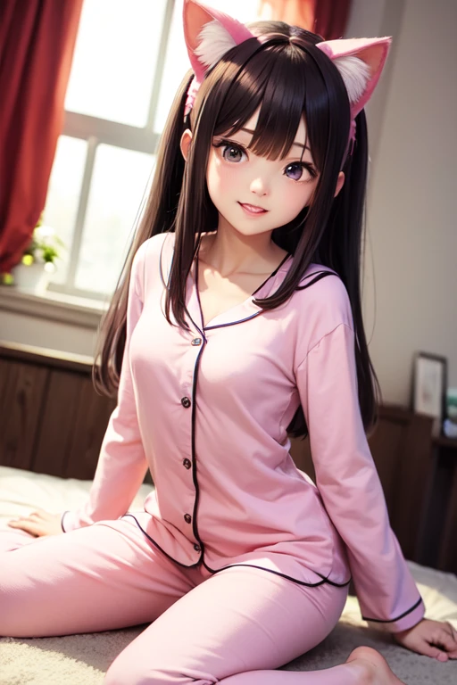 1girl,perfect ,black hair, long hair, (hair over one eye:1.4), messy hair, hair between eyes, plump, chubby,fat, saggy breast, cute motif pajama, cute shy blush on , bedroom