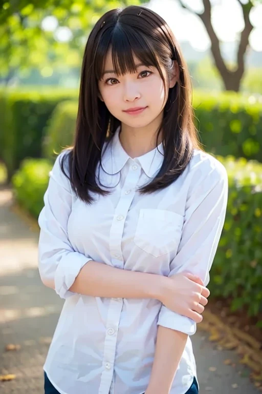 Highest quality, Realistic, 8K, High resolution, Full Color, One girl, woman, 20 years old woman, (Mouth closed:1.73), (Skin Dentition), (Portraiture:0.6), wood, Park bench, Dawn, ((Park Background:1.52)), Full Color, ((White shirt:1.58)), View your viewers:1.8, (One girl eyes View your viewers:1.55), (Medium Hair, Brown Hair, Parted bangs:1.45), (Bokeh),
information
