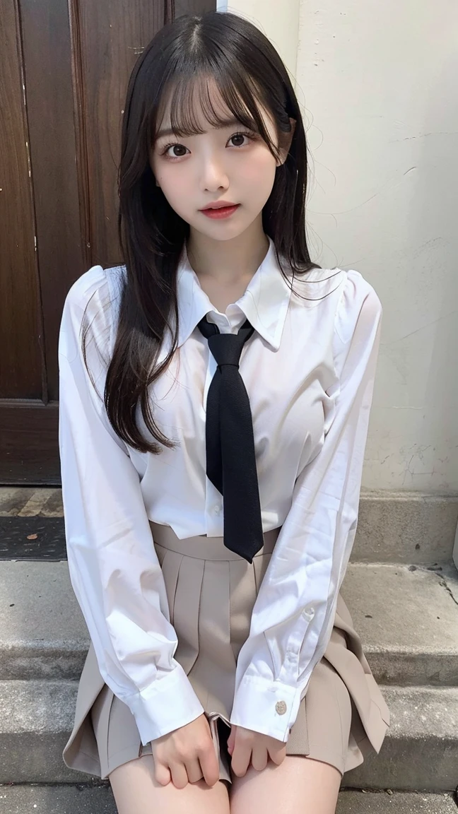 (1 Korean star with royal sister style), ((best quality, 8k, masterpiece: 1.3)), focus: 1.2, perfect body beauty: 1.4, (city street: 1.3), highly detailed face and skin texture, fine eyes, double eyelids, whitened skin, (air bangs: 1.3), (round face: 1.5), (slim skirt: 1.4),