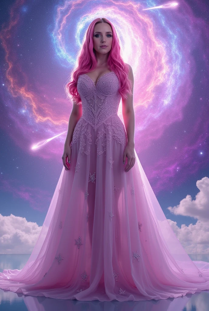 A woman wearing an elegant black dress,Long pink hair with double braids,Cute witch,Standing in the middle of the blue star moon magic circle,She is surrounded by sparkling stars