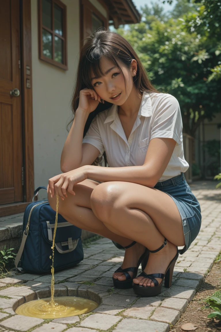 ((top-quality、in 8K、masterpiece:1.3、Raw photo))、Super high quality photos, In the tropical jungle, ((Wearing business suit jacket and skirt)), ((Wear a white blouse shirt under the jacket)), ((Perfect beauty 20 year old idol Japan woman)), ((a smile)), ((protruding nipples under the shirt,,)), ((slim figure)), ((Slim legs)), ((slim thigh)), ((Perfect beauty 20 year old idol Japan woman)), (Photorealistic: 1.4), (Ultra-high detail), (hyper realisitic: 1.4), (Realistic: 1.3), (Smooth lighting: 1.05), Full body, 1girl in, Solo, (Japanese actressl), 20yr old, cinematlic lighting, ((slim figure)), ((Leaner figure)), Good anatomy, Correct anatomy, In the tropical jungle, ((Perfect beauty 20 year old idol Japan woman)), ((slim figure)), ((Slim legs)), ((slim thigh)), ,((Perfect beauty)), ((He has a small camping bag in one hand.)), ((squatting)), ((Panties are visible through the skirt)), ((a smile)), ((camel's toe)), ((legs slightly apart)),
