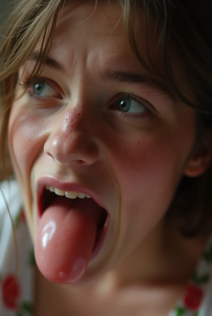 A young teen girl with long blonde hair is sweating and has a open mouth, eyes are closed and drools