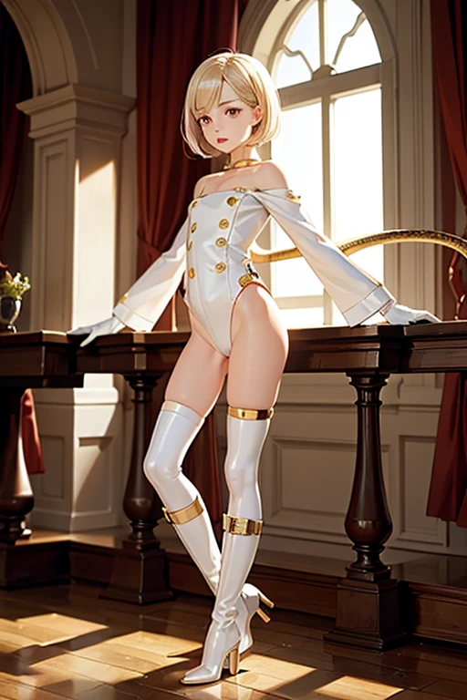 ((best quality)), ((highly detailed)), masterpiece, (detailed eyes, deep eyes), (1girl), dynamic angle, cowboy shot, zelda, woman, smile, looking at viewer, ((short golden hair)), ((blue eyes)), ((bobcut with braided bangs)), (((one piece strapless swimsuit))), cleavage, ((((indoor, night, dance club)))), white bunny tail on butt, (((white wrist cuffs))), ((white collar, bow tie, bunny ears)), woman, sexy, rosy cheeks, large breasts, realistic proportions, headband, hand on hip, curvy body, lipstick, fishnets, curvy hips, busty, exposed breasts, visible tits, (((german face))), (((removing clothes)))