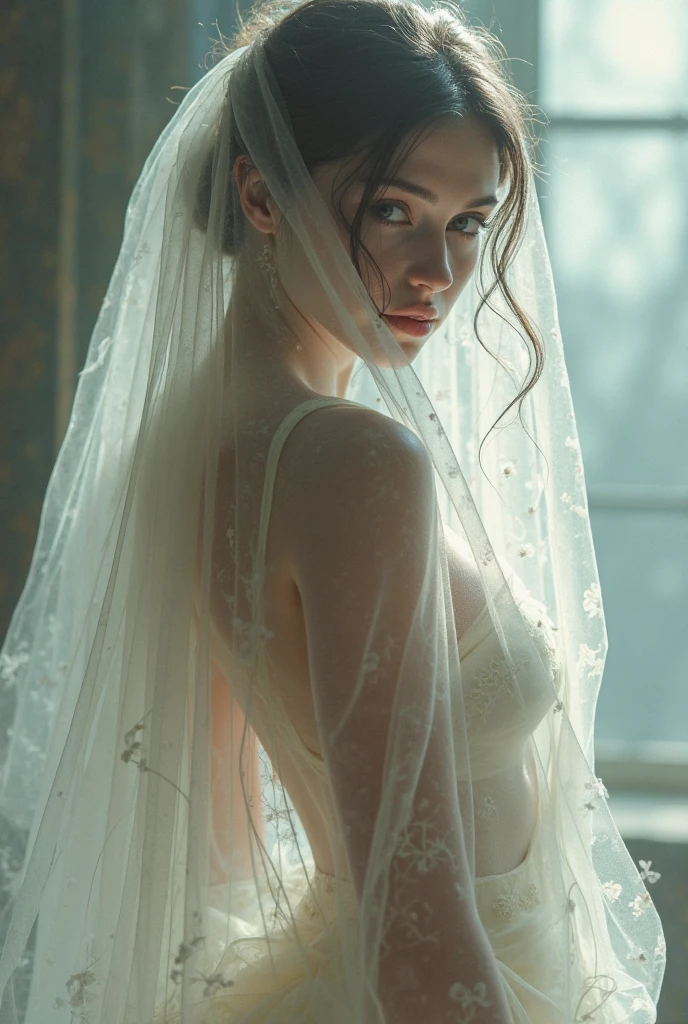 Veil of Desire: A woman draped in a sheer, intricately patterned fabric that reveals just enough to tease the imagination, her pose exuding confidence and allure.