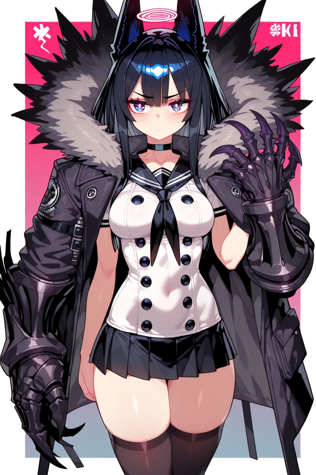 1girl ,pale fur beast ,blue beautiful clothes, (high resolution, high detail, best quality),blank background, alone, big breast, heavy gun, bear, red eyes, angry