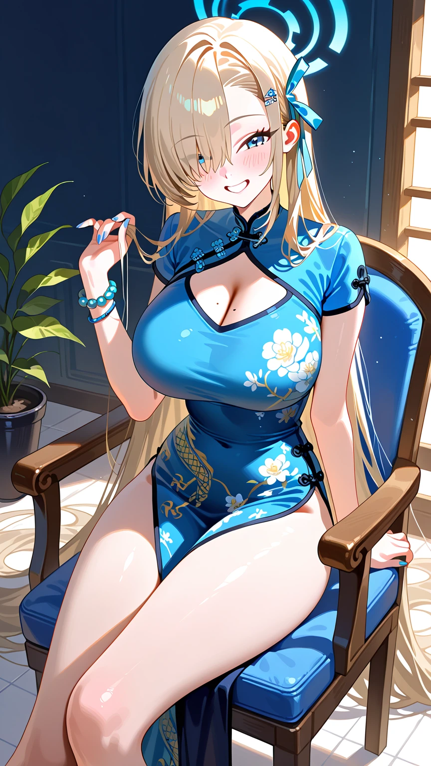 Best quality, masterpiece, ultra high res, raw photo, beautiful and aesthetic, deep shadow, fairy theme,(ultra detailed:1.3),
1girl, sexy pose, headdress, (beautiful face, detailed eye:1.2), embarrassed, drill hair, long hair, blonde hair, gradient hair, yellow eyes, solo, (busty breasts, gigantic breasts:1.1), big hair, blue hair, divine goddess, looking at viewer, indoors, royal palace, luxurious bedroom, room full of curtain, astraea, full body, chinese clothes