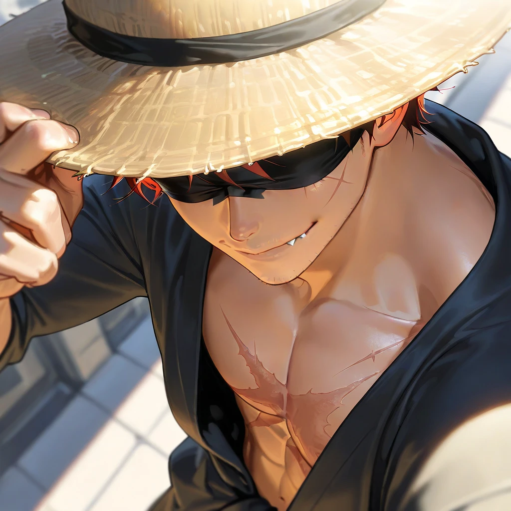 (masutepiece: 1.3), (max resolution: 1.2), (Ultra HDTV: 1.2), cinematographic lighting, 8K resolution, Detailed facial features of Luffy with his unique straw hat and rubber band, Anatomically correct, Highly detailed facial texture, detailed eyes with expressive brows, Red blush on the cheeks, impassioned expression,
Wearing Naruto's outfit, Luffy showcases a yellow jinbei with an orange obi sash, a headband with the iconic white symbol on it. His legs encased in white pants and black sandals, showcasing his infamous large chest and ton