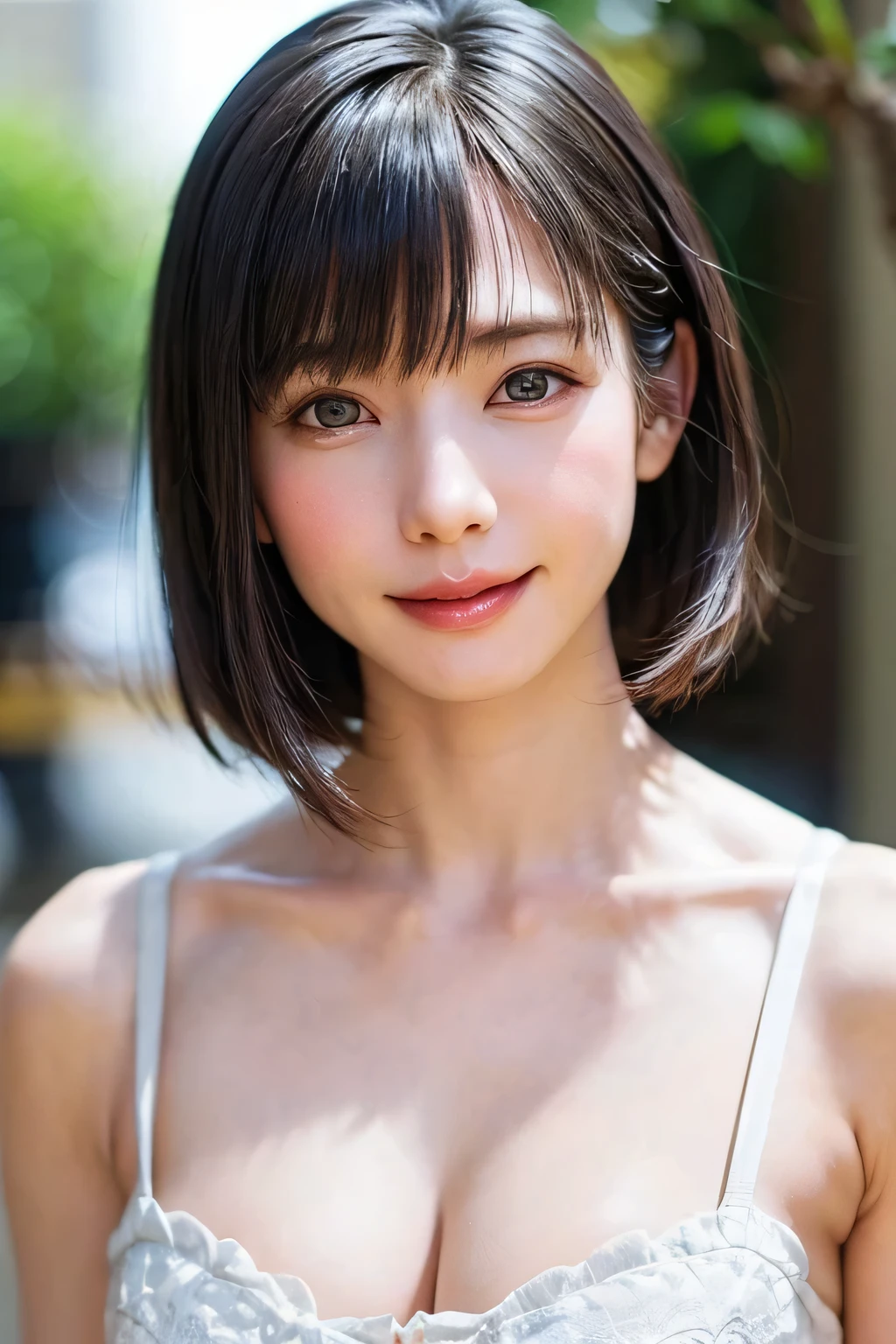 1 girl、highest quality、realistic、alone、Depth of written boundary、natural soft light、daytime、charm、beautiful face、cleanliness、pure face、white skin、cute、short hair、bangs、beach、Light of the sun、Nedium Breast Body Esbian、((セーター黄金比のbeautiful face 対称性のあるbeautiful face))、long neck、show me your ears、bangsのあるきれいな短いボブヘア、smile with your mouth closed、perfect hands指、perfect hands、perfect body、perfect face、Shine a light into your eyes、perfect anatomy:1.4、とてもcuteスーパーモデル:1.4、{Huge|big|Hugeな|mega} chest, cleavage、smile:1.6、Very beautiful teeth:1.6
