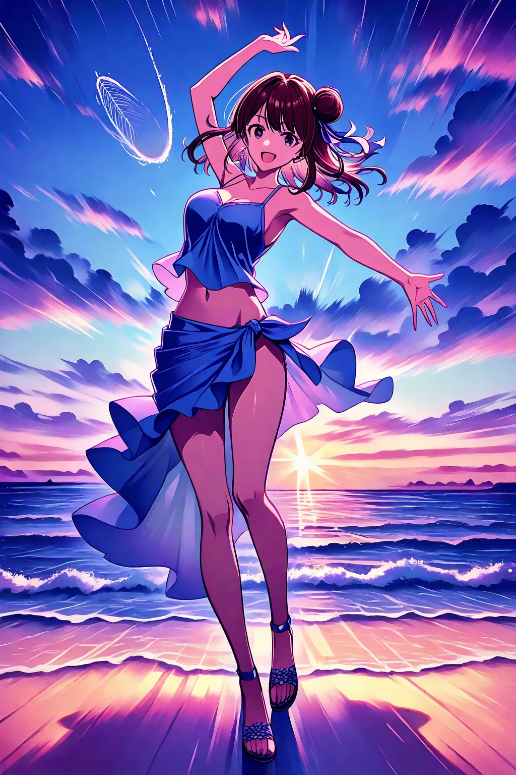 ((panty shot)),((lifting skirt)),((white panties focus)),(low angle,from below),((masterpiece, highest resolution,best quality)), (beautiful illustration), ((semi long beautiful black hair,blunt bangs,pony tail,beautiful eyes)),(solo),(elegant swimsuit, bikini,),(looking at the viewer), (bathing in the sea),(innocent cute laugh), (cinematic lighting),beach, sand, night sky, full moon,waves, coconut tree,fish,boat,sea gull,