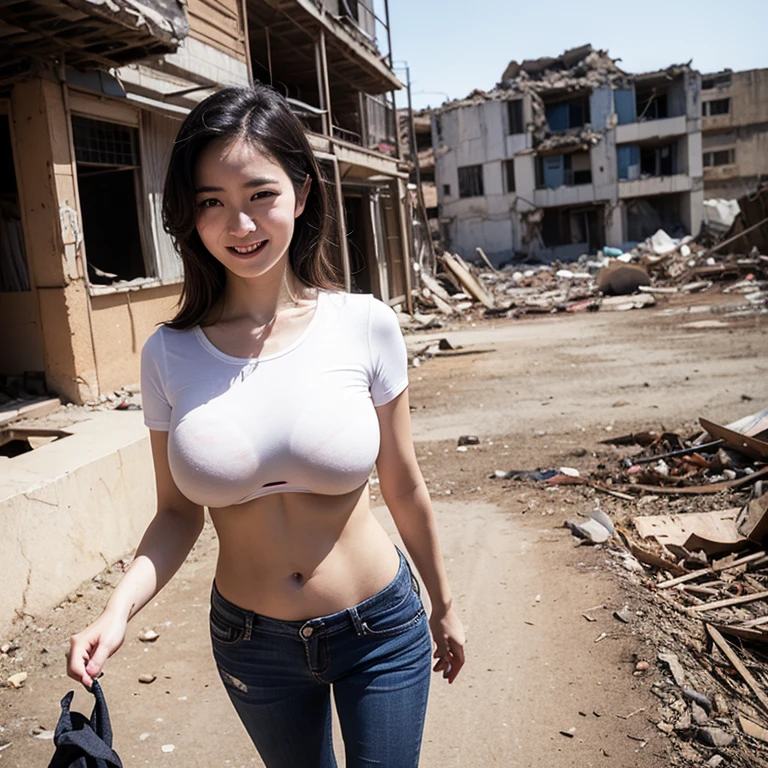 looking at viewer, fully nude, full body, standing, hands behind her back, (((amazing))), ((((top quality)))), (((super detailed))), (cute 19 year old), ((very large breasts, delicate beautiful nipples)), (cute delicate features), cinematic lighting, ((single girl)), solo, full body, (great curves), ((full body restraints)), (slave, collar), ((time bomb on collar), ((standing)), expressionless, (beautiful body), (focus on character), sci-fi, looking at camera, black hair, big breasts, beautiful nipples, fully nude, hands behind her back, restrained, rubble, destroyed city, ruins