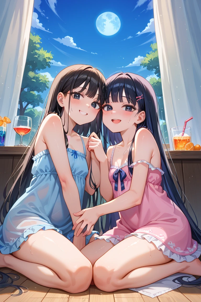 ((highest quality:1.4))、((High resolution))、(detailed background)、((detailed beautiful face:1.4))、(anatomically correct)、(detailed facial expressions)、beautiful and smooth skin、beautiful teenage girl、two beautiful girls、(huge breasts:1.3)、cute hair color、braided bob、braided ponytail、realistic、perfect body line、Attractive big buttocks、thick thighs、relaxed atmosphere、cowboy shot、Thin, sheer white panties、Thin, sheer white bra、(underboob:1.3)、(skirt lift:1.3)、cute pubic hair、
(((Two beautiful girls playfully lifting their skirts to show us their panties:1.5)))、
(Beautiful girl in the sunset reflected on the river while rowing a canoe)、Canoeing with a beautiful sunset view as a backdrop、While paddling a canoe in the gentle current、They intentionally splash water on each other while paddling a canoe.、They are smiling, splashing with water, and having fun joking with each other.、With the sound of the river flowing and the wind in the background、My clothes are wet and transparent、
Wear a loose shirt dress made of sheer material with the buttons open、My clothes are wet and transparent、wet、
Sneakers or sandals on your feet、sexual expression、A big smile、panty shot、(underboob:1.3)、cute、cameltoe