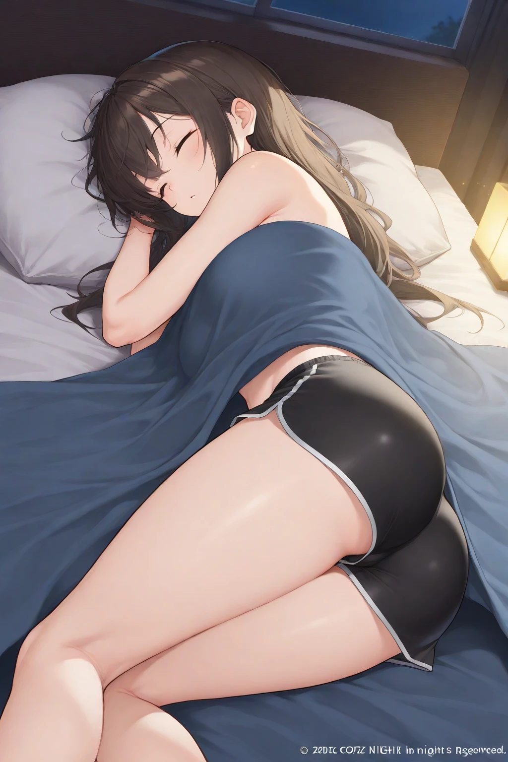 Masterpiece, Best Quality, Official Art, (Highly Detailed CG Unity 8k wallpaper), Detailed background, (Hands by Guido Daniele: 1.1), Feet out of frame, First Person View, 1, Beautiful woman who attractive and perfect, Lying face down on the bed, Turning back, (Curvaceous), (((Sleepy: 1.14))), (Ass sticking out, Pajamas, Sleepwear, Underwear, White thighs: 1.12), ( Brown Long Hair: 1.12), (Ahoge: 1.13), (High Ponytail: 1.12), (Green Eyes: 1.13), Look at the Beholder, Big, (cleavage), Beautiful Face, (Blush: 1.11), (Smile: 1.11)