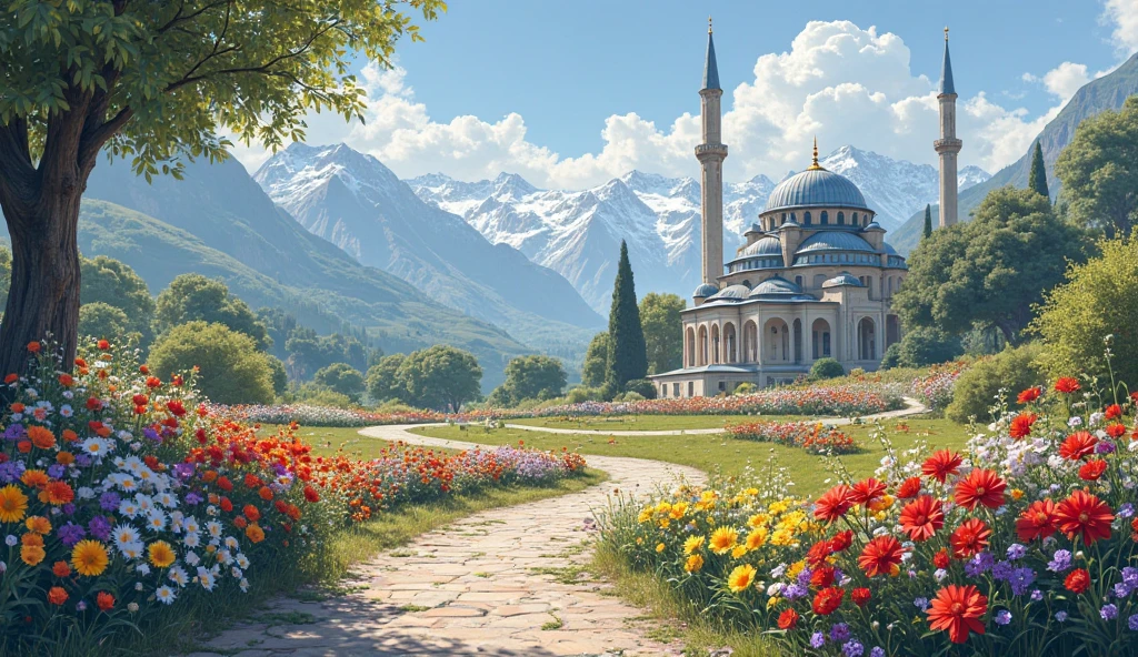 The photo depicts a scenic landscape featuring a minaret in the foreground. The minaret has intricate geometric patterns and a domed roof with open arches below it, characteristic of Islamic architecture. Behind the minaret, there is a picturesque view of a rural area with scattered houses, lush green trees, and rolling hills extending into the distance. The hills are partially illuminated by sunlight, creating a contrast with the shadows cast by the clouds above. The sky is partly cloudy, adding a dynamic element to the serene environment. The overall atmosphere is tranquil and scenic, capturing the beauty of a mountainous region.