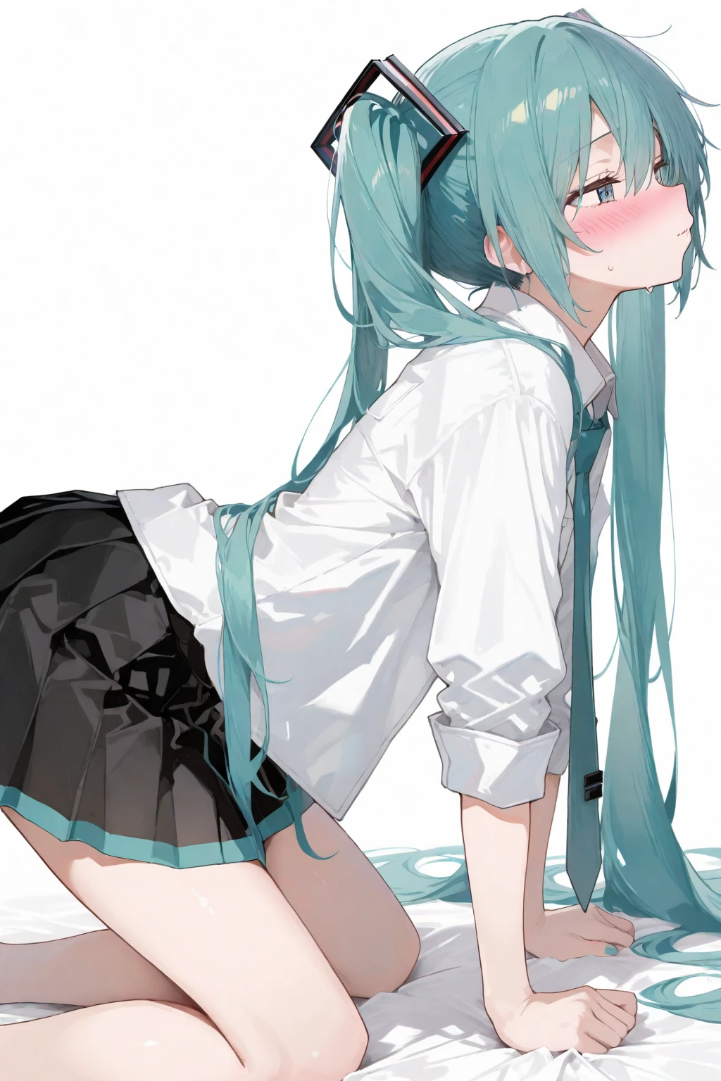 Young Hatsune Miku、girl、独奏、girl、Kindergarteners、、6 years old、、、Striped panties、clothes、Puffy short sleeves、Pleated skirt、Clothes are see-through、From below、Wet clothes、、Spread your legs、See-through panties、Panties that get wet、is see-through、Back view、Underwear wedgie、Butt、White viscous liquid、A lot of love juice、On all fours、Lace panties