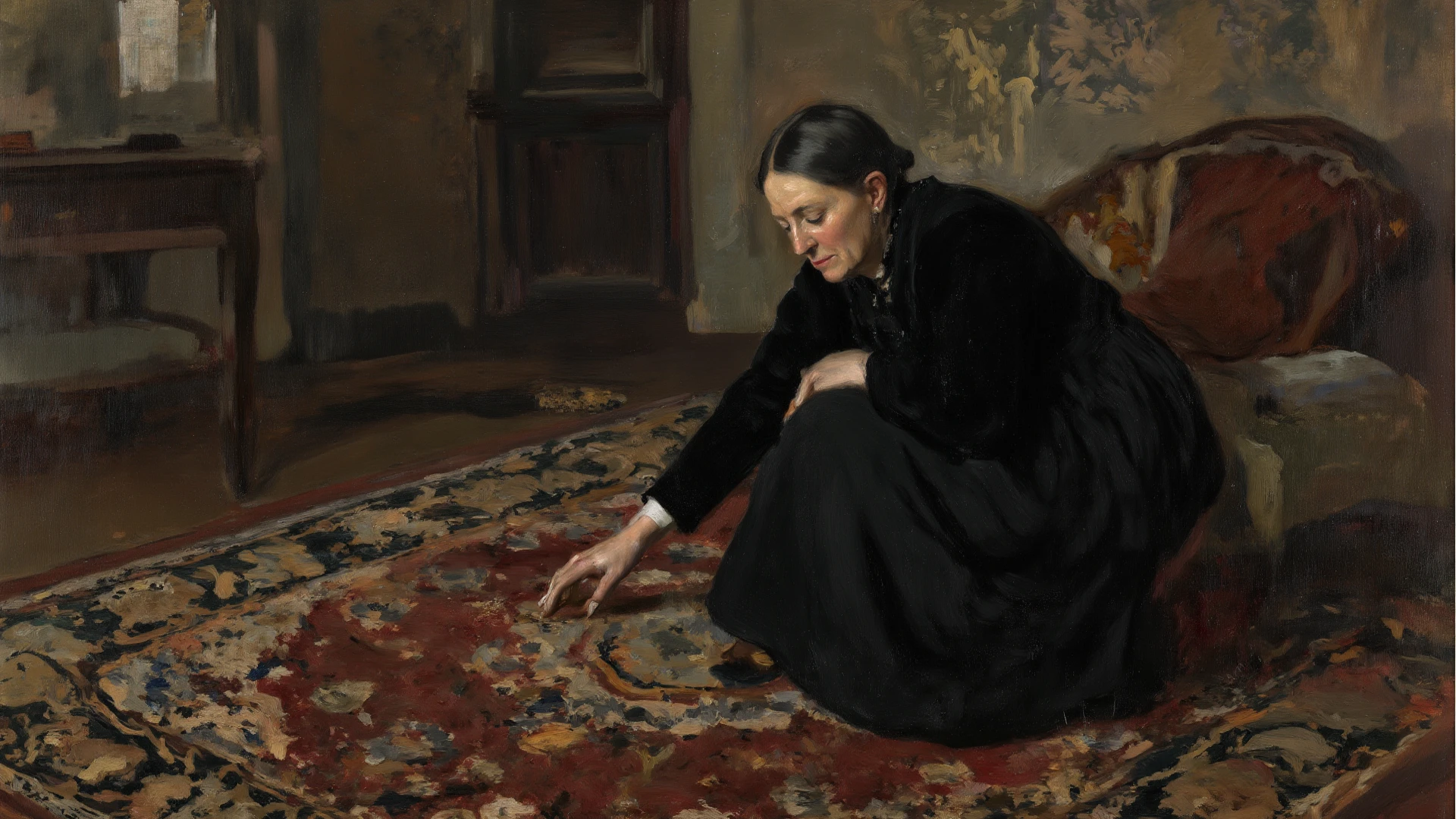 The painting depicts a woman in a black dress kneeling by an open chest, weeping; a wedding dress and wedding shoes are on the floor; the woman is bent over the chest, putting her head on her hands, weeping. The figure of the woman bent over the chest, her face hidden from the viewer, conveys her grief and sorrow, The Wedding Dress by Frederick William Elwell, Joseph DeCamp, Edmund Charles Tarbell, Philip Wilson Steere, Philip de Laszlo, John Sargent, John Singer Sargent, John Singer Sargent, John Singer Sargent, Pierre Adolphe Valette, Peder Severin Kroyer, inspiration of Edmund Charles Tarbell, Sargent