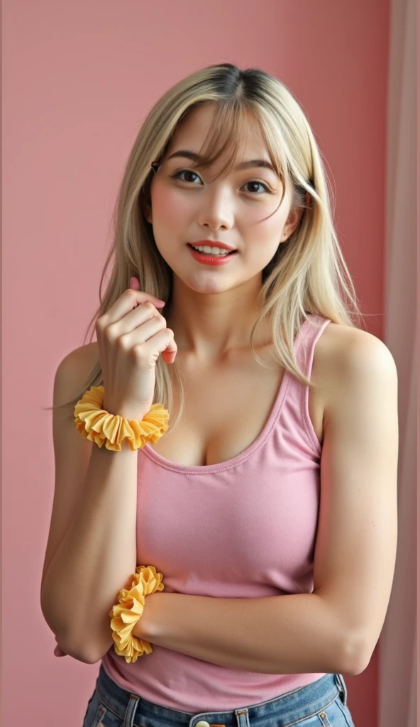 ((Ultra-high resolution)),8K,17 years old、Blonde、Leaning forward to reveal cleavage、Small breasts, , Twin tails,  Red mini skirt, Green shirt, Front opening of the shirt、Small cleavage 2:1,Idol Sculpture, Wet, smile、Pink wall、sexy、slender、Shapely small breasts、Sitting in a chair、I can see your thighs、