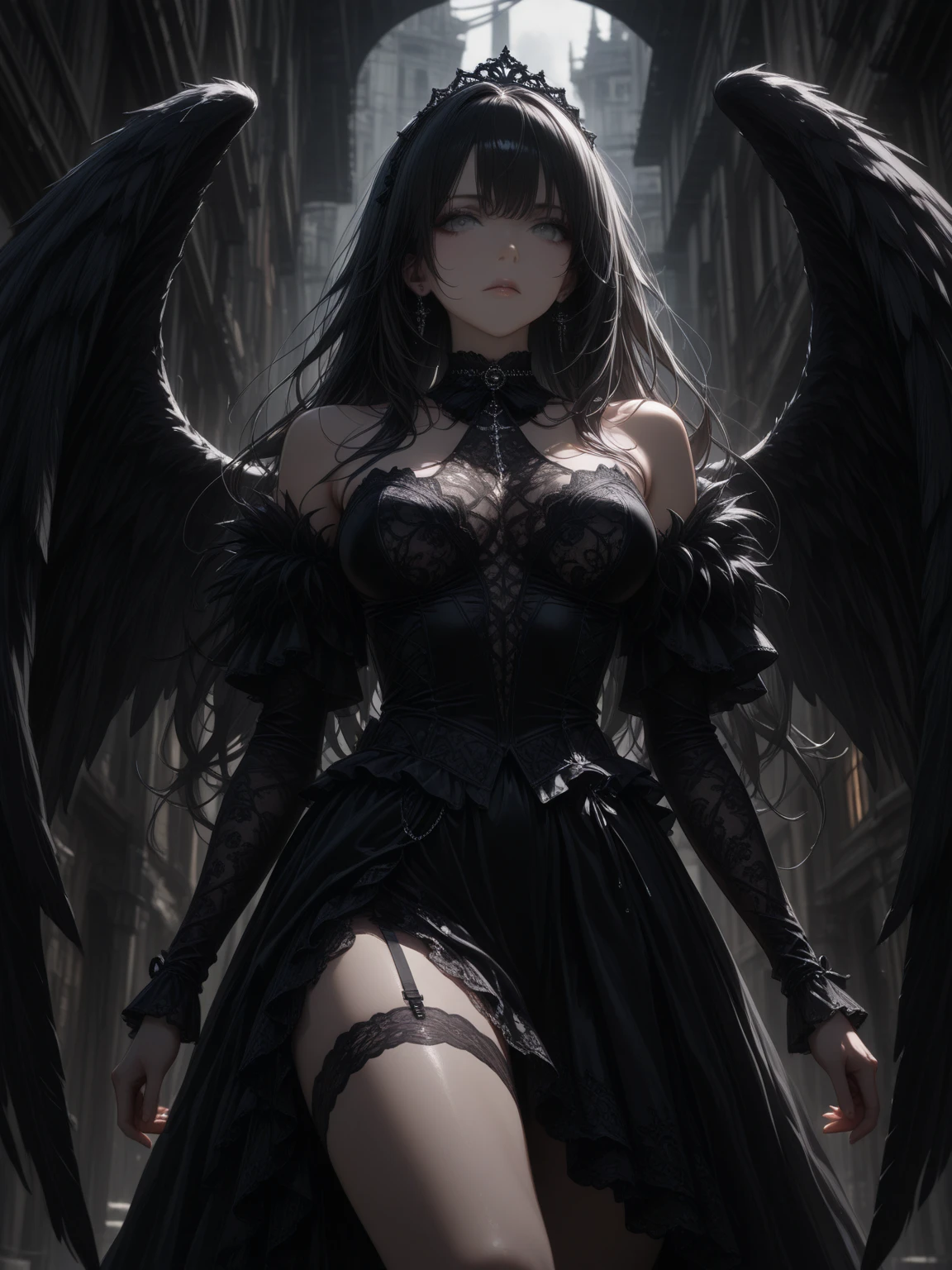 The image depicts a female figure with a dark and powerful appearance., which appears to be some kind of fallen angel or supernatural entity. The figure is in an imposing pose, walking towards the viewer with confidence and intensity 1. **Physical appearance:**
- The character has glowing red eyes, conveying a sense of danger and power.
- Your hair is long, wavy and black, falling freely to shoulder height.
- His skin is pale, contrasting sharply with the darker elements of his appearance.
2. **outfit:**
- The character is wrapped in white bands that appear to be worn and torn, giving an appearance of bandages or mummy robes.
- Body parts, like arms and legs, are covered in intricate black markings, which could be tattoos or some type of dark energy.
- There are tattered black fabric elements hanging from his robes, adding to the worn and mysterious appearance.
3. **wings:**
- The figure has large black wings open, that appear to be made of dark feathers. The wings are detailed and add a majestic and menacing look to the character..
**Visual effects:**
- The image is full of a contrast between black and white, with dark wings and robes standing out against a lighter background.
- Fragments of something that appears to be stone or concrete are floating around the character, suggesting she possesses some sort of destructive or telekinetic power.
- The ground beneath her appears to be cracked, indicating a powerful impact of your presence or movement.
**context:**
- The scene is likely set in a supernatural or apocalyptic environment, considering the dark appearance and destructive effects surrounding the character.
- The figure can be interpreted as a powerful entity, possibly