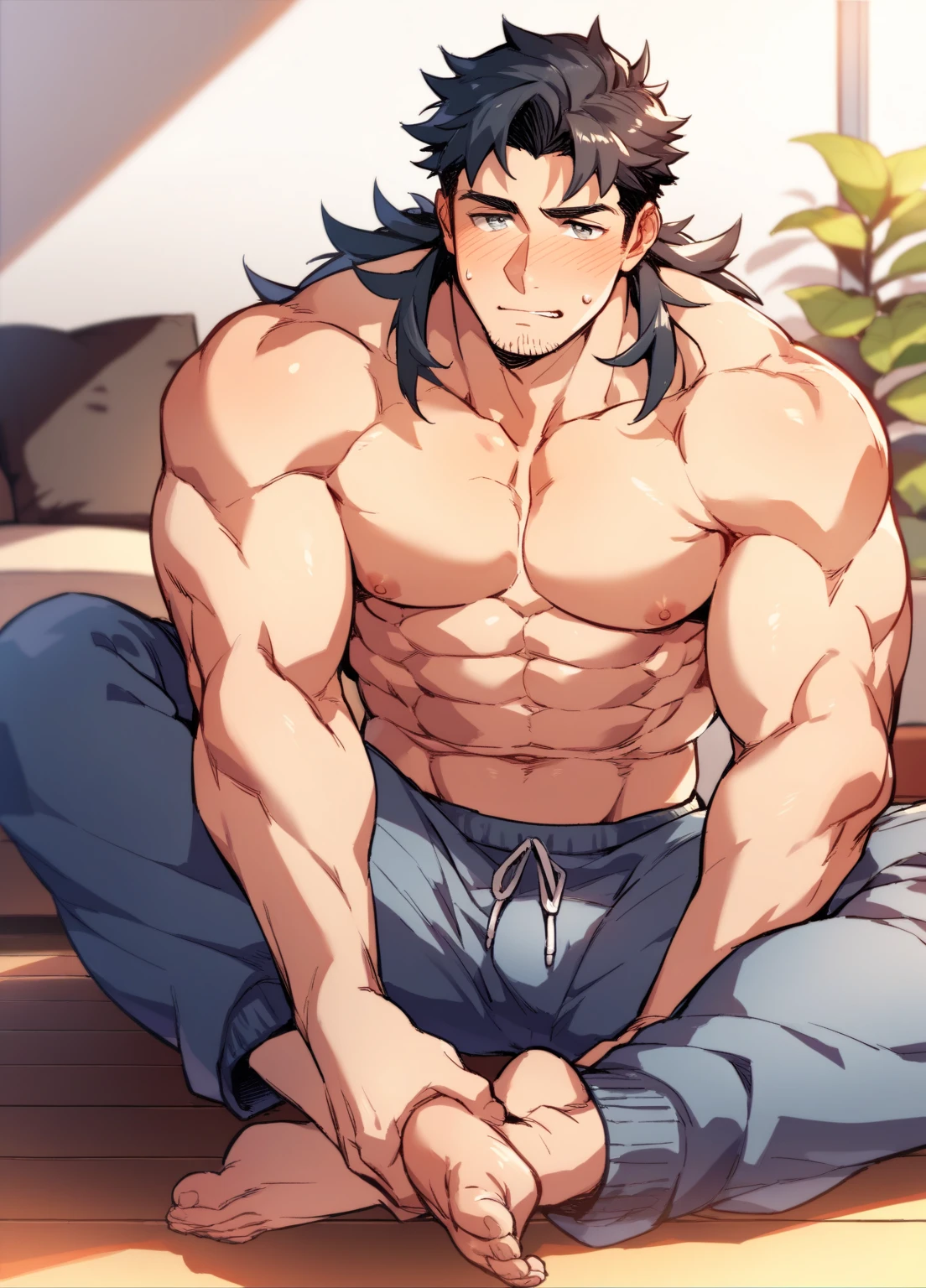 Man comes home from work tired and sweaty, takes off his shirt and sits on his couch panting while he puts his stinky and sweaty feet on the table without a belt, revealing hair protruding from his while his hands are behind his head, revealing his stinky and sweaty armpits. hairy sweaty black hair robust muscular a little tanned black pants