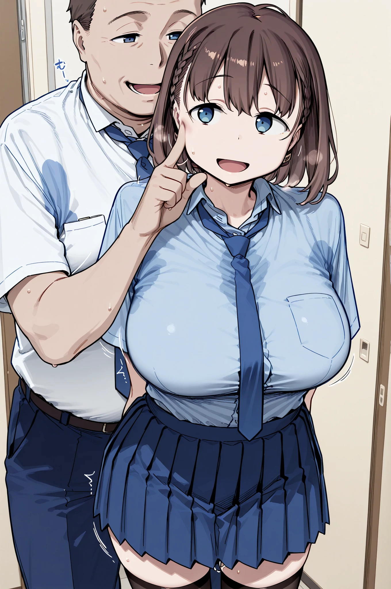 upper body,in the train,(shift down bra,breasts out) , mini skirt, open shirt , blush,surprised,nipples , (arms behind back), ,( ugly man shift down bra from front:2) ,slim, large breasts,single side bun