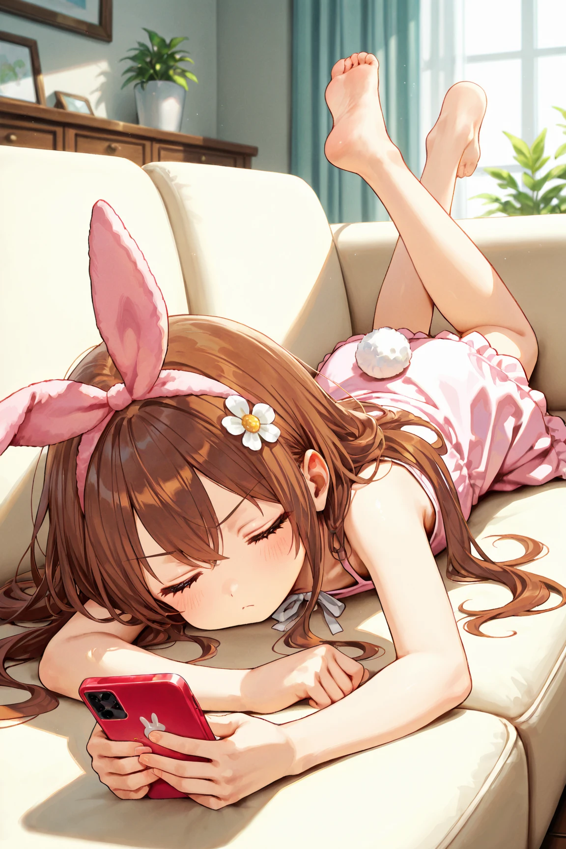 One girl. (masutepiece, of the highest quality, Kyoto Animation Style Illustration, of the highest quality, Official art, aesthetics, Beautiful details, :1. 2), BREAK, (17 years old girl), Very detailed, colourfull, highest details, BREAK, (girl, Cute, Cheerful, Loli face, A dark-haired、a short bob、tareme, gleaming skin, Hugging a stuffed rabbit, Playboy Bunny, shiny school swimsuit, High socks with pink and yellow stripes,Pink Bunny Years Hair Band, Eat carrots and lie on the couch, Open legs wide ,Awaken,looks sleepy (Toy store background, Lots of stuffed animals,cuckoo clock:1.2),