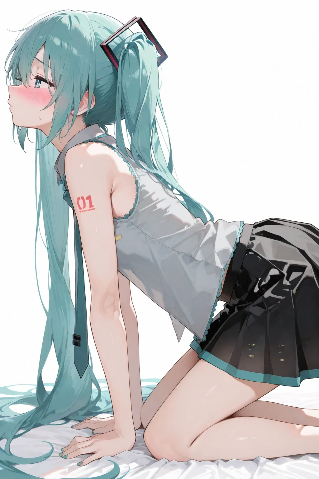 masterpiece, Best quality, Best quality, 1 boy, 1 Girl, sits on the face, sitting on person, Hatsune Miku , green hair, green eyes, ponytail, black T-shirt