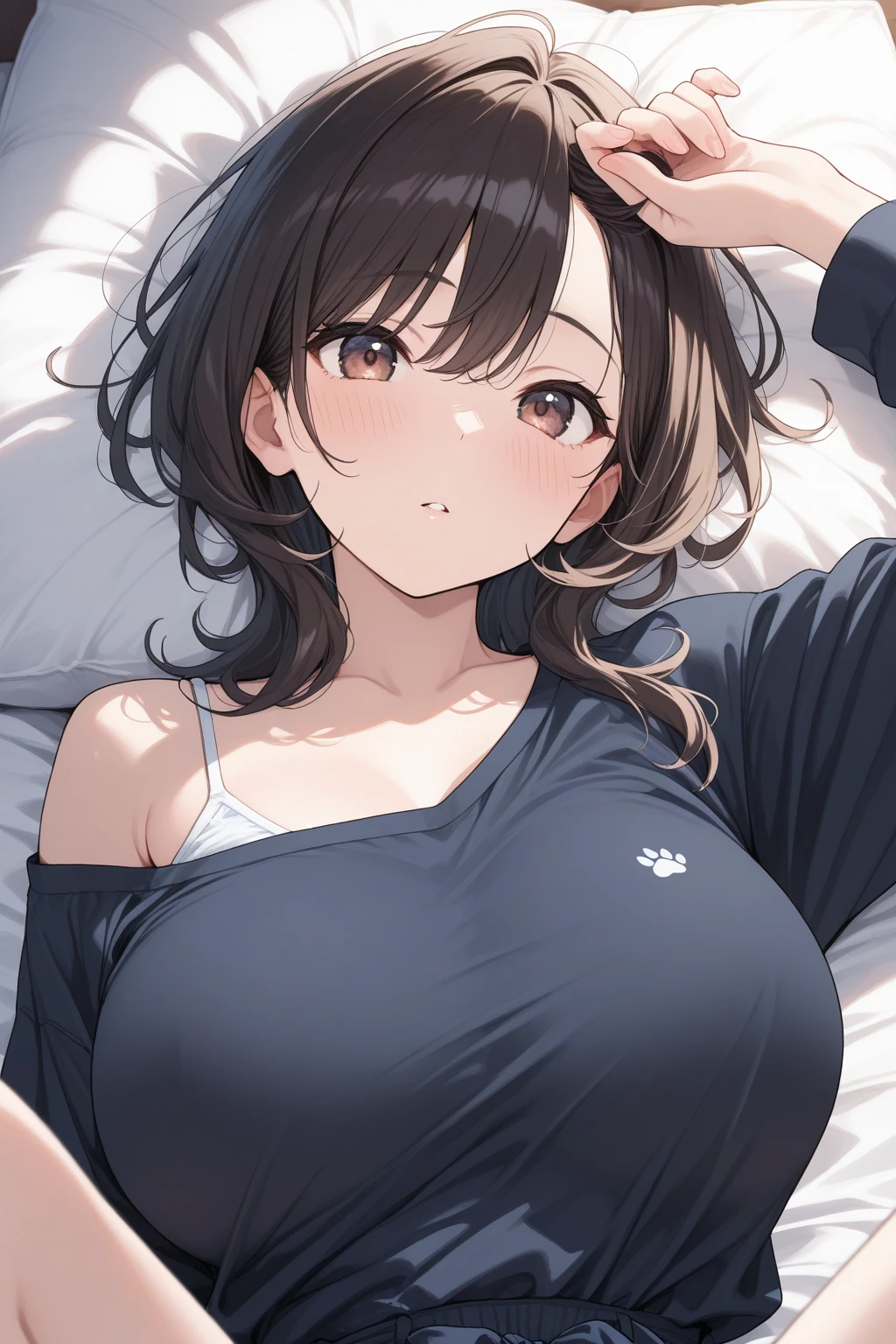 lookin at viewer, Looking up、all fours,
Realistic, real person, (pale skin: 1.2), RAW photo, photorealistic, shiny skin, shiny hair、
(A 25-year-old woman with medium-length hair and bangs) and (wavy hair) and (brown hair) and (Orange Eyes)、(black camisole)
(blush:1.5)smile,(Cleavage:1.5)、The background is the bedroom,