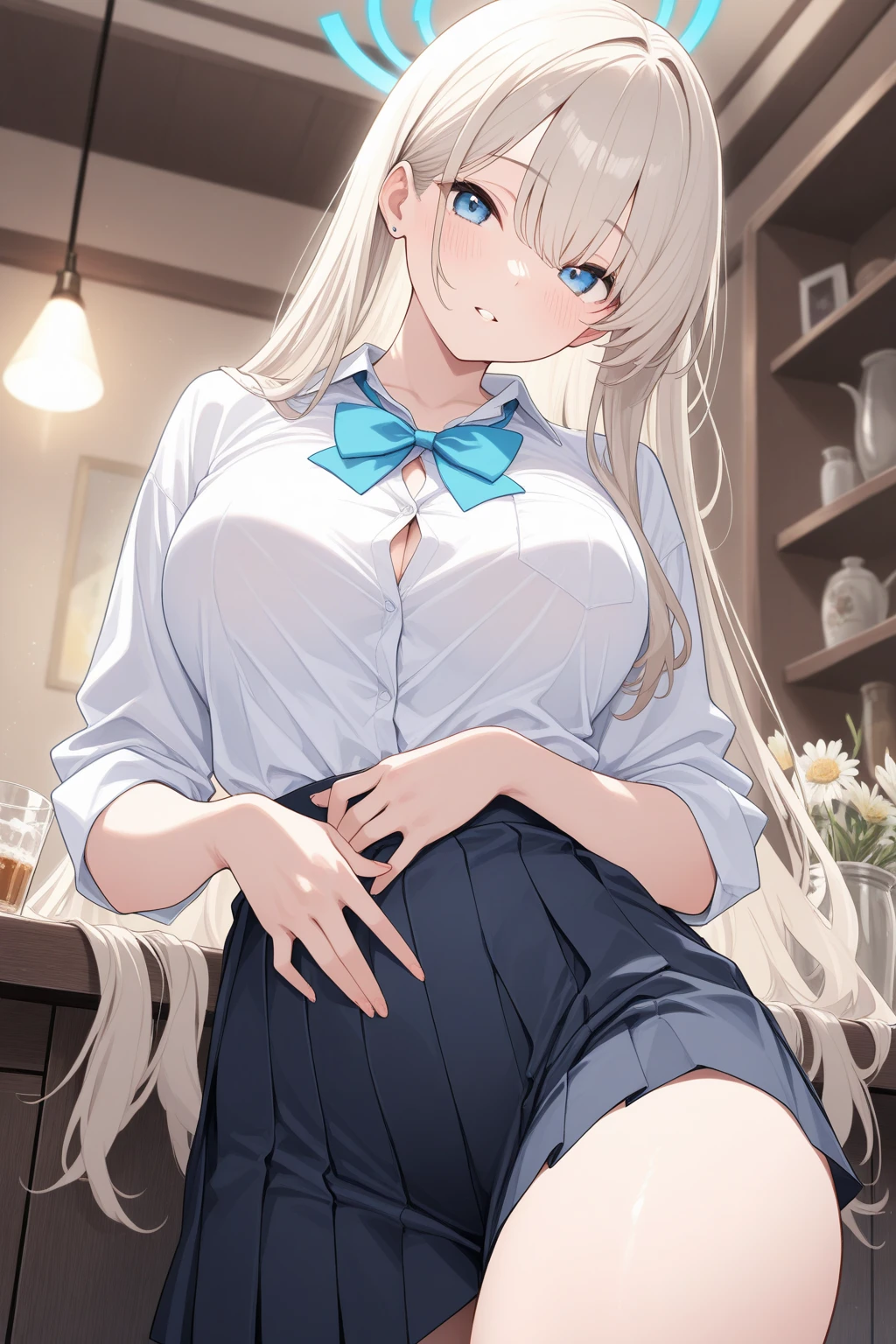1 female、exact number of fingers、Exact number of legs、Exact number of arms、, ponytail, white hair, (blush:1), (put one hand in your panties:1.8), fingering, (pussy juice:1.2), cum in mouth, white skirt, (Very luxurious and detailed underwear:1.2), sexy underwear, Thighhighs、 beautiful big breasts, (erect nipples:0.95), the skirt is turned up、(shirt lift:0.8)、highest quality, High resolution, (detailed and beautiful eyes:1.6), highly detailed face, perfect lighting, Very detailed CG, (perfect hands, perfect anatomy),embarrassed expression, (sexual pleasure expression:1.4), (expression of agony:1.2)、close your eyes、sexy look、look upward、mouth half open、Climax