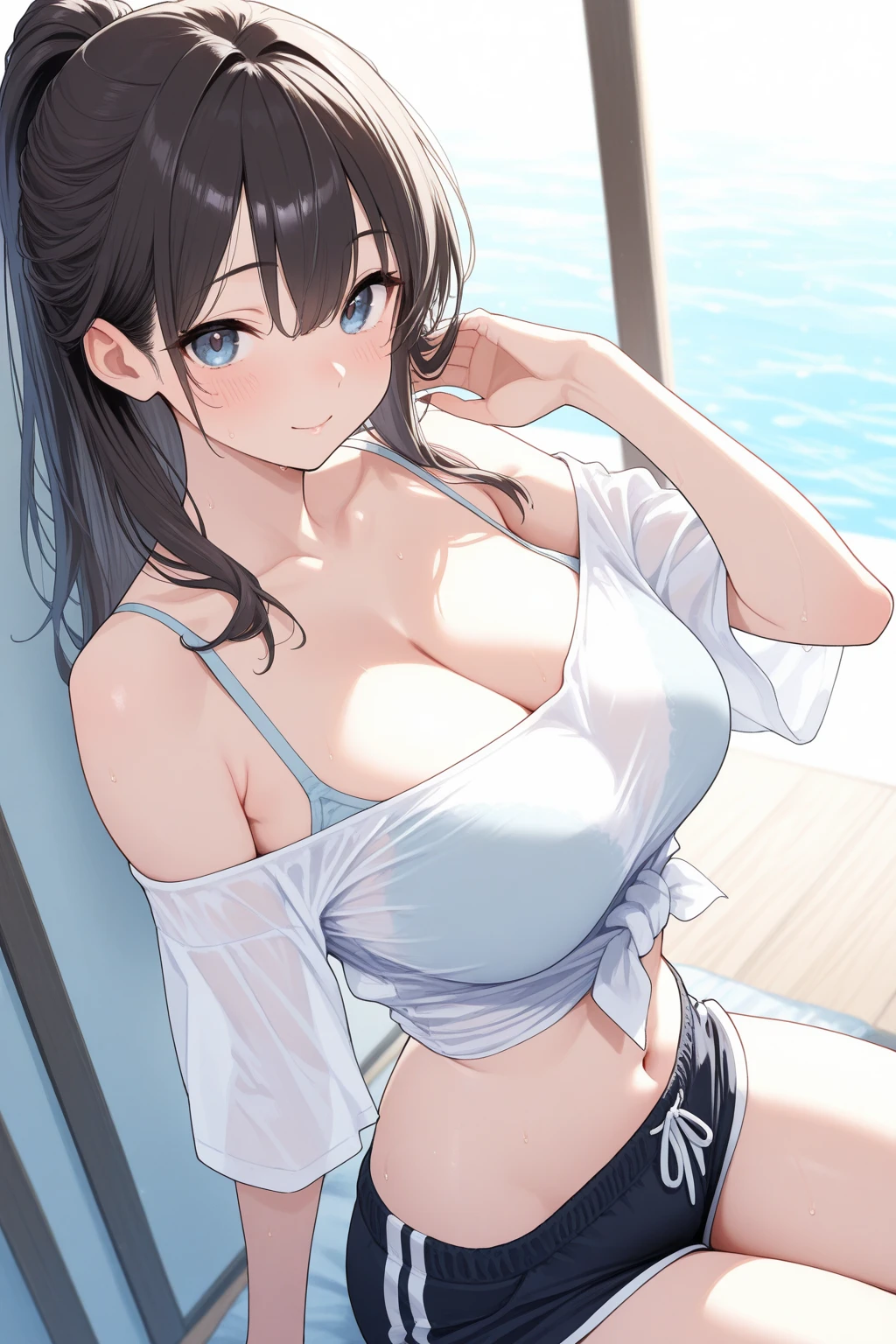 (best quality,4k,8k,high resolution,masterpiece:1.2),super detailed,(actual,realistically,realistically:1.37), Ultra high definition face, Woman in gold bikini at table in restaurant, Long golden wavy hair, Green eyes, wet swimsuit, Wearing a gold bikini, is wearing a 泳装, split, large breasts, large , biggest breast, huge breast, necklace, earrings, Thin waist and thick hips, Tik, hourglass figure, fitness model, rosy cheeks, sweat, ((surrounded by many men:1.5)), ((The man looked at her intently:1.5))