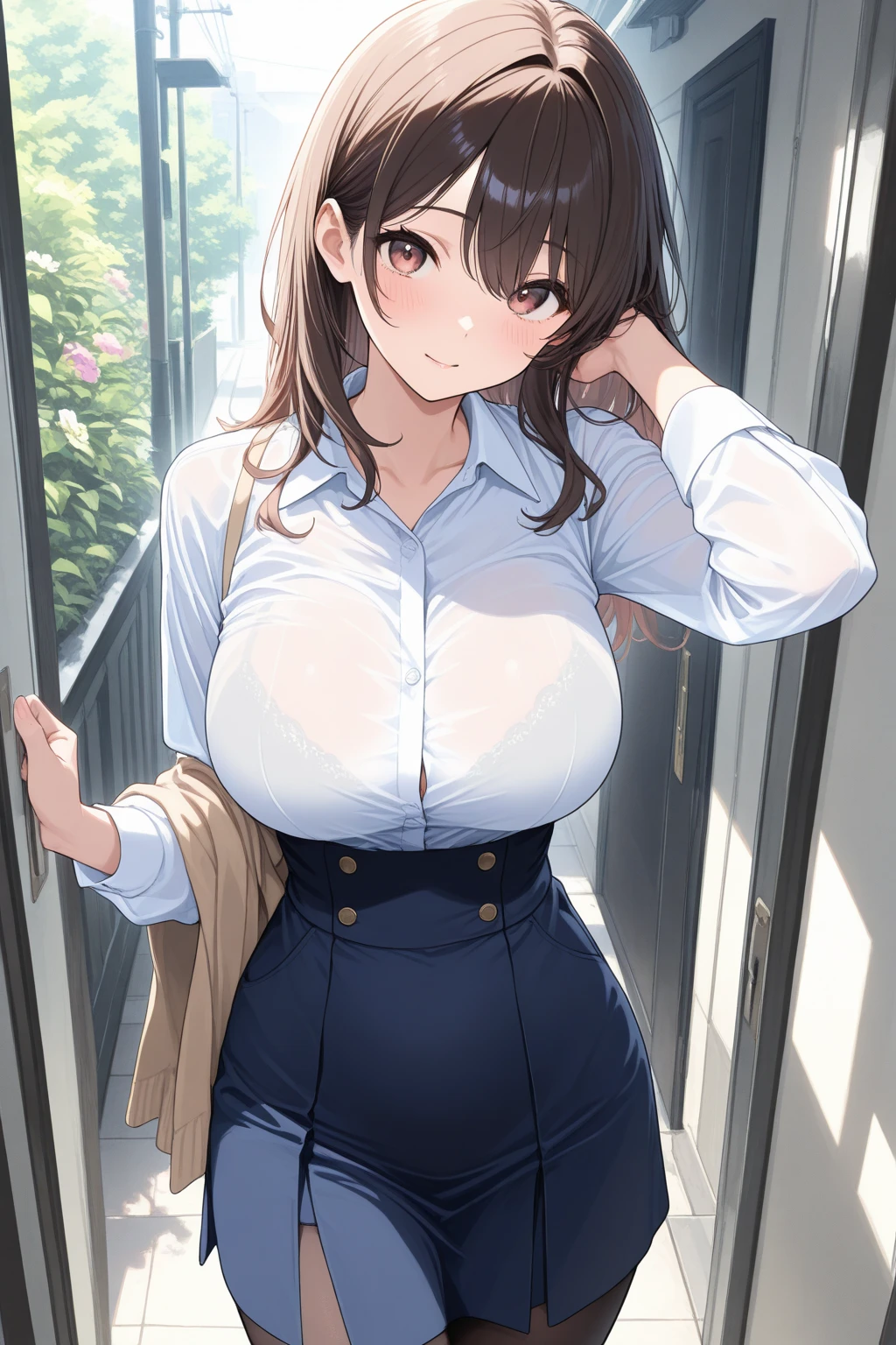 nsfw,hyperrealistic anime,1man,smart man,1woman,adult curvy female,at train,man standing behind woman,dark brown hair,earring,plain blouse,patterned skirt,upskirt,blushed,from behind and side,(mangrabbing woman's buttocks:1.1),naughty panties in skirt,molested,groped