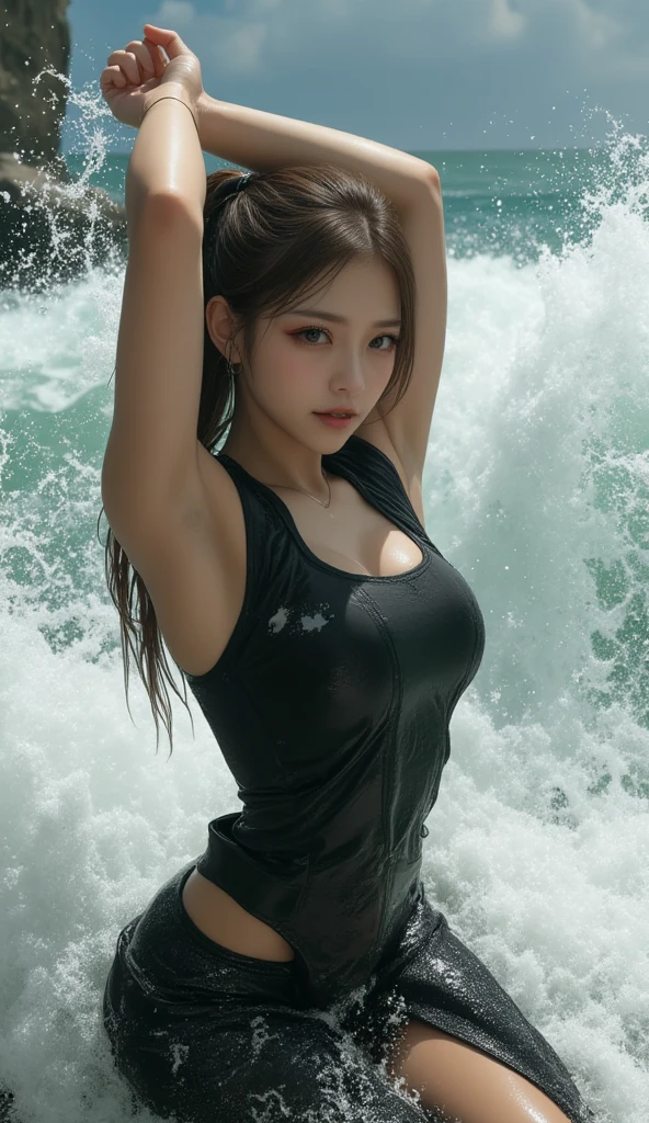 Araffe woman, bikini set, Splashing water on your head, hair is flowing, long hair floating, floating hairลมแรง!!, floating hair, floating hairอยู่บนน้ำ, Hair dryer, Hair dryer, in the water up to her shoulders, My hair is wet and flowing., water mist, hair is flowing down, in the water, Hair dryer the wind, Soak wet hair, View from the side, Huge breasts, ลำตัวอยู่in the water