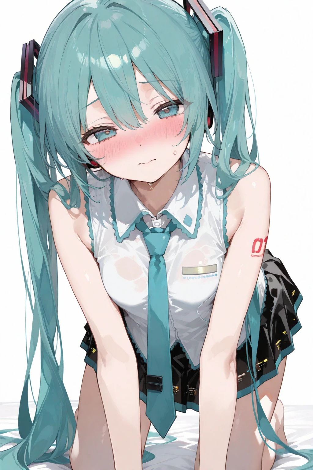 best quality, ultra detailed, high resolution, 1girl, Hatsune Miku, small breasts, grey shirt, green necktie, pleats skirt, detached sleeves, thigh highs, nsfw, strong facial expression,(sharp eye:1.2),(scowl:1.1),(embarrassed,blush:1.3),(steam:0.8),(wet:0.8),(sweat:0.8),(trembling:1.1),(parted lips:1.3),(harf open eyes:1.2),(feeling weak:1.5)