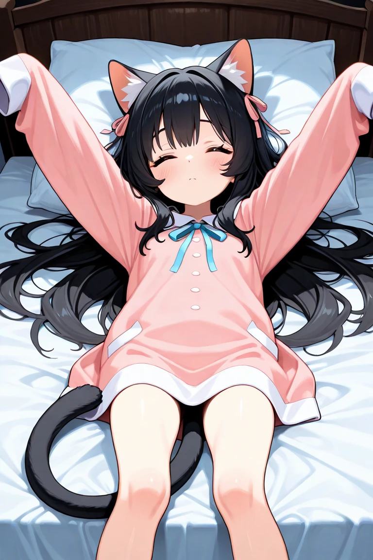 1 Lori,Cat ears,Lie down in bed,leisure wear,Juicy little short legs,white stockings,Cute white background, (Speaking heart:1.4)