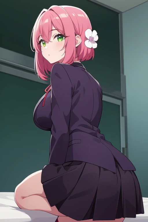 hakarihanazono, hakari hanazono, short hair, hair ornament, (green eyes:1.5), pink hair, flower, hair flower, hair between eyes, sidelocks, open mouth,
BREAK skirt, shirt, ribbon, , blazer, white shirt, pleated skirt, collared shirt, black skirt, red ribbon, neck ribbon,
BREAK looking at viewer,
BREAK indoors, classroom, (cowboy shot:1.5),
BREAK (masterpiece:1.2), best quality, high resolution, unity 8k wallpaper, (illustration:0.8), (beautiful detailed eyes:1.6), extremely detailed face, perfect lighting, extremely detailed CG, (perfect hands, perfect anatomy),Sexy Panties、Lift up your skirt with your hands、Angle from below、Showing panties