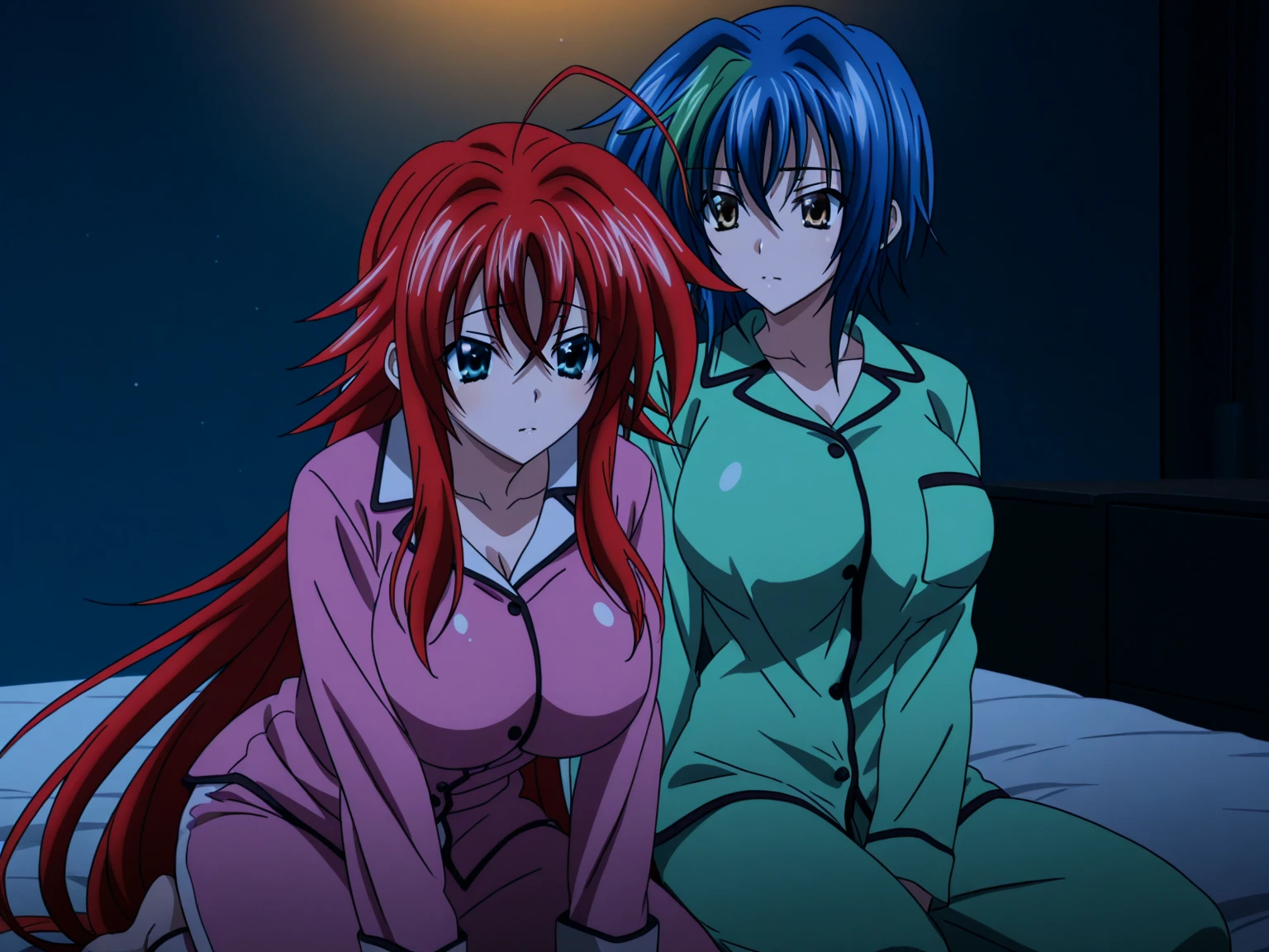 masterpiece, best quality, 1girl, long hair, looking at viewer, horny face, tongue out, cute, black , indoors, on bed, crawling towards camera, large breasts, curvy, (((blue eyes))), rias gremory, red hair, antenna hair, wavy hair, ((beautiful detailed eyes, beautiful detailed glow, lots of glow)), anime screencap, sweating milk, nude