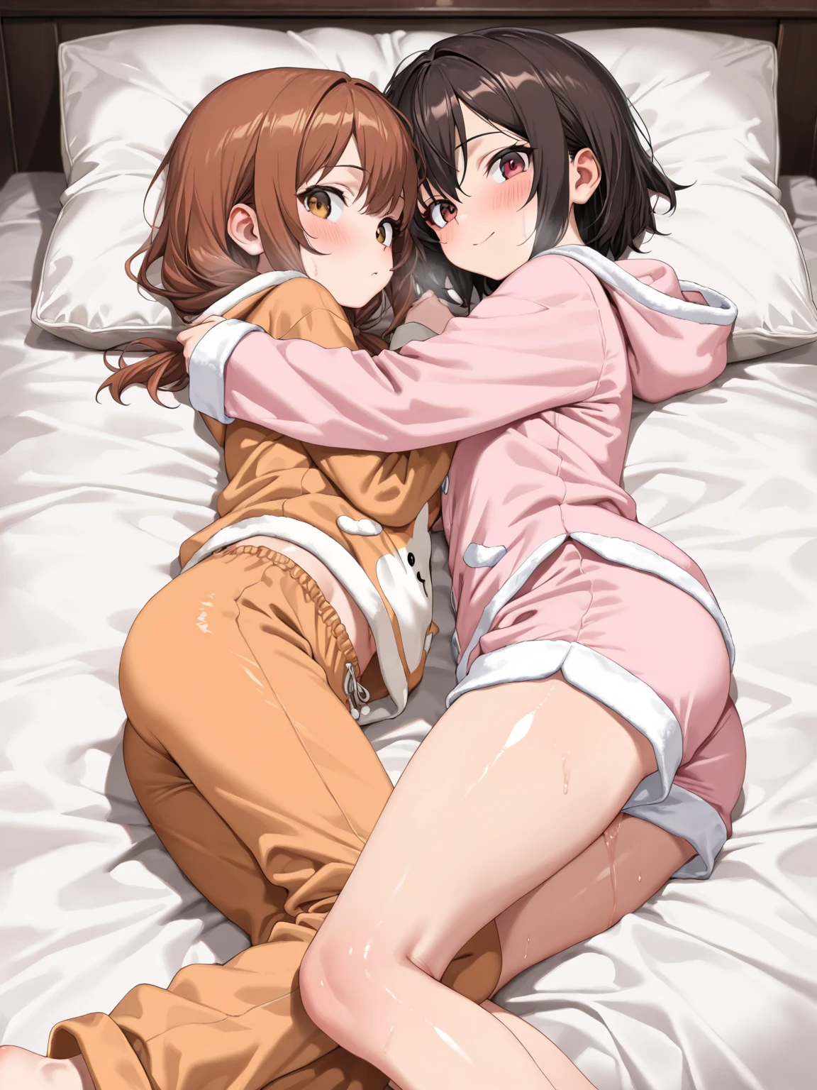 An image of your two headed shemale girlfriend lying on her back in bed trying to hide that she is sporting an embarrassing morning wood boner showing her visible penis line in her boxer shorts, the morning wood tenting the boxers with her huge cock outline on the busty body of a tall and young two headed tranny embarrassed of you finding out that she has such a huge cock as she sleeping in your bed with the huge line of her erect penis tenting obviously through her boxers. She has one body with two very different looking tranny white Caucasian girls distinct heads on her single 124 ZZZ cup natural breasted body that’s topless in bed next to you, she has her still sleeping hands stroking the bulge of her long and impossibly thick hairy tranny cock and big low hanging testicles through her sweatpants as subconsciously makes her and her second head cum 