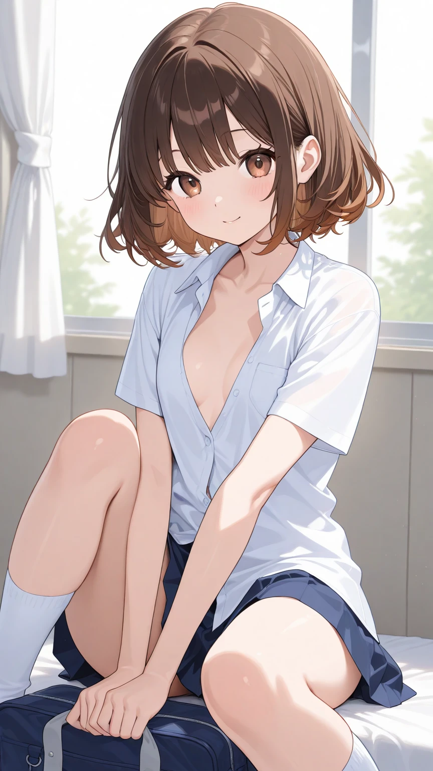 (8K、masterpiece、Highly detailed background、high resolution、Pale colors、Portrait、Knee Shot、Front lighting)、(Beauty、20-year-old、Short Hair、Brown Hair)、(My whole body is wet、、Short sleeve shirt with white collar、Adult underwear visible under a shirt、Bottoms are just underwear)、Poolside、smile、Embarrassed expression