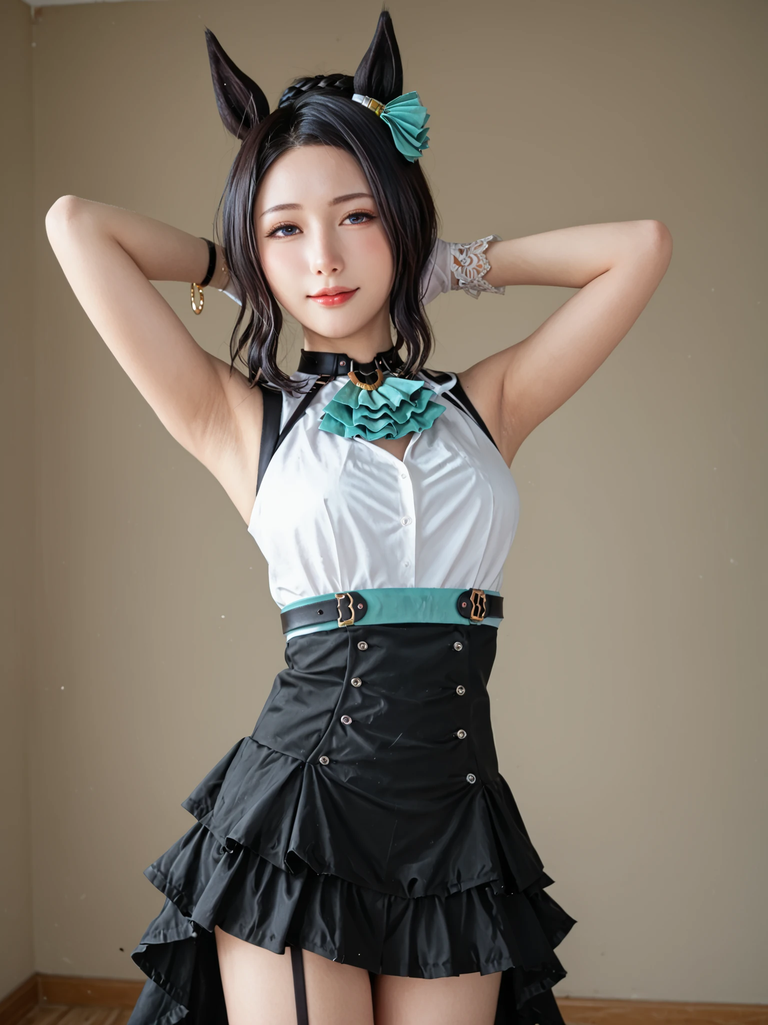sleeveless,((Show me your armpits,chestの谷間)),(Very awa,masterpiece,best quality,2024,Newest,high resolution,非常にhigh resolution:1)
4k Picture, (realistic),digital SLR,Picture, professional Picturegraphy,gentle expression,captivates the audience, SEXUALLY INTERESTING, (coriander:1.2),{perfect anatomy},realistic, Photo realistic, best quality, (8k, best quality, masterpiece, 超high resolution, Picturerealistic, Super Detailed), ultra detail, detailed skin, (best quality), (Super Detailed), Picturerealistic, ,{perfect anatomy},((beautiful face:1.1)), (very delicate and beautiful),BREAK,(1girl, solo, beautiful young girl, , realistic skin texture, glossy skin, perfect slim body, white-eye lamone\(That's good\), 1girl, rmnsd, Horse Girl, Multi Colored Hair, Braided Bun, striped hair on men's clothing, Year Ornament, moles under the eyes that can be seen inside the genitals, Green Ascot, multi colored clothes ,creevage cutout, Harness, , belt, bracelet, single glove , Frill High Waist Skirt, Horse Tail, single garter strap, Single Black Thigh High),Perfect beautiful body, chest , engagement ring ,chest, chest,